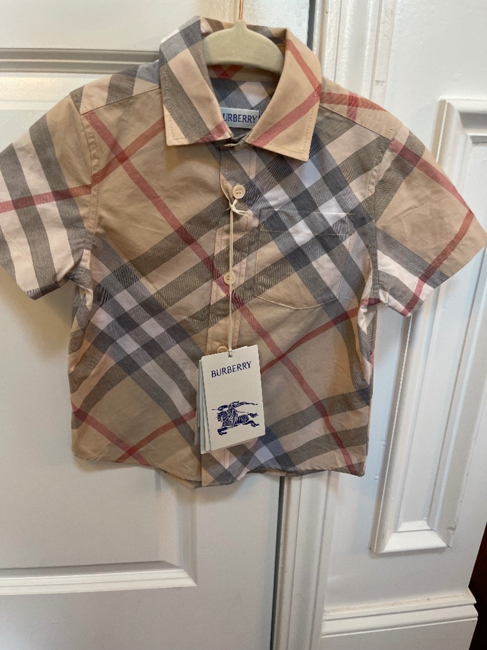 Burberry “Owen “ Button Down Pale Stone Check Collared Shirt Sz 3y NWT